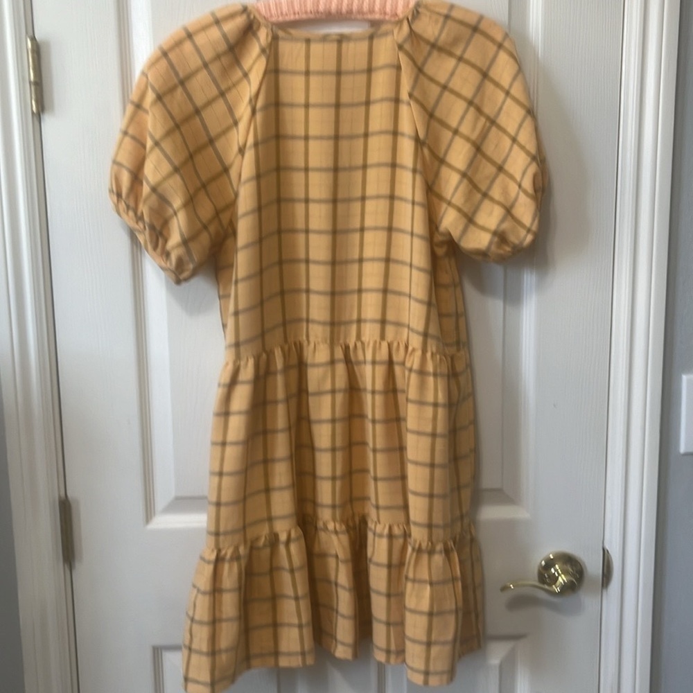 Anthropologie DRA Yellow and Gray Plaid Puff Short Sleeve Mini Dress Size - Picture 2 of 9